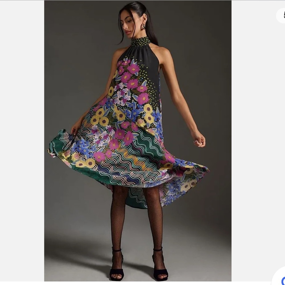 Brand New w/ tags By Anthropologie Halter Asymmetrical Silk Midi Dress printed
